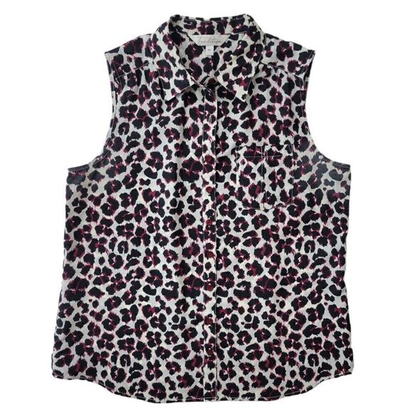 Tradition B&W Leopard Print with Maroon Accents Sleeveless Button Down Shirt - Picture 1 of 7